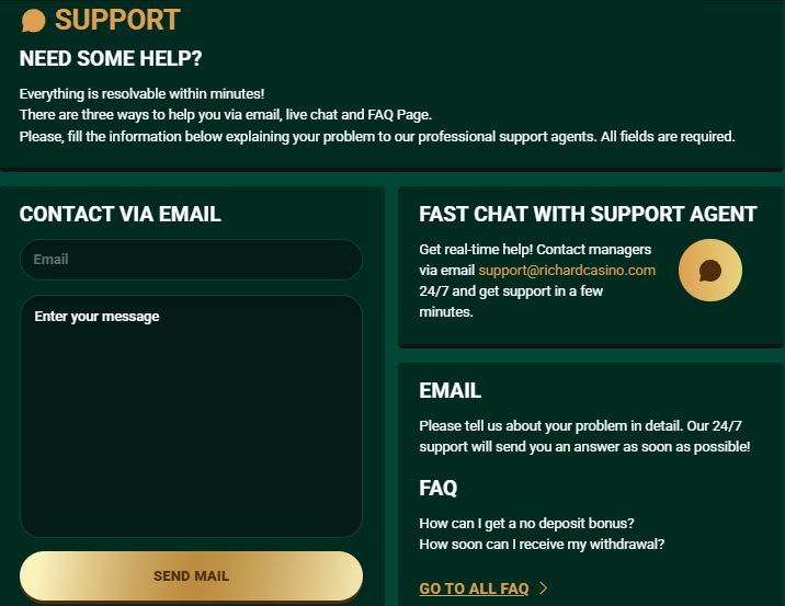 Contatta il supporto Richard Casino via email o chat